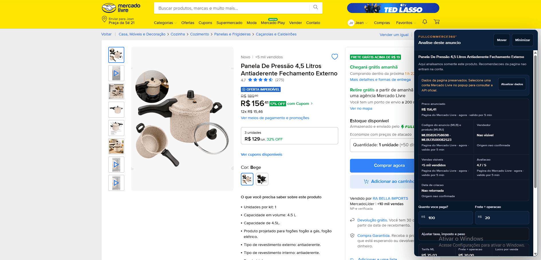 Captura real da análise de um anúncio do Mercado Livre com o Radar FullCommerce360